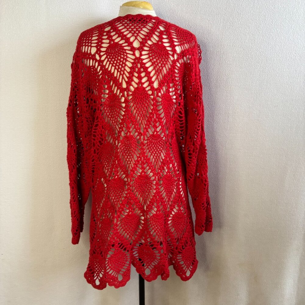 Red Open Work Knit Pullover Sweater - image 5